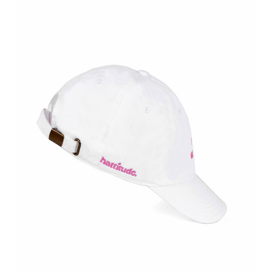 White baseball cap with pink text 'too pretty for a job' embroidered on the front. trendy statement cap for women.