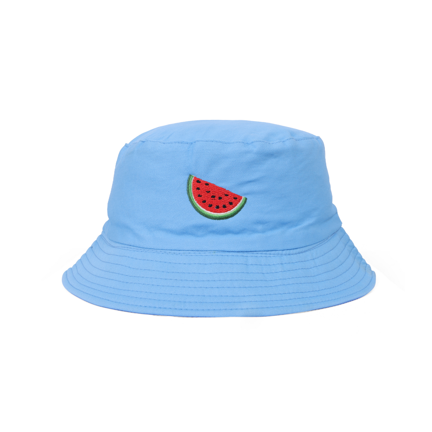 Light blue bucket hat with a watermelon design on a white background