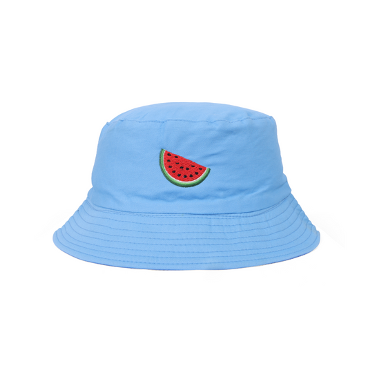 Light blue bucket hat with a watermelon design on a white background