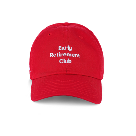 A red baseball cap with 'Early Retirement Club' text embroidered on the front. witty lifestyle hat by Hattitude