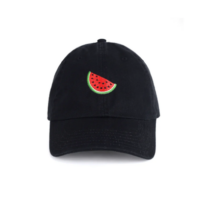 Black cap with a watermelon slice design on a white background. fun summer lifestyle cap by Hattitude.
