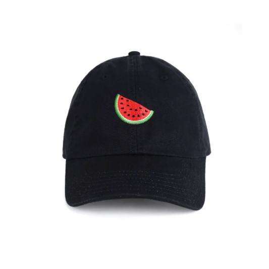 Black cap with a watermelon slice design on a white background. fun summer lifestyle cap by Hattitude.