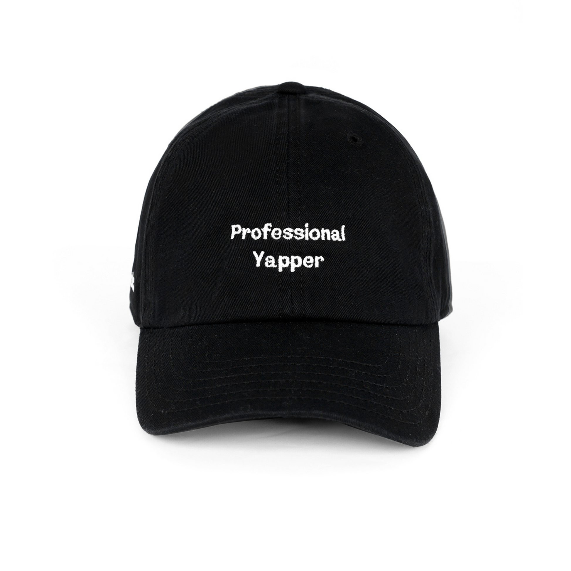 Black cap with embroidered text “Professional Yapper,” funny sarcastic lifestyle cap.